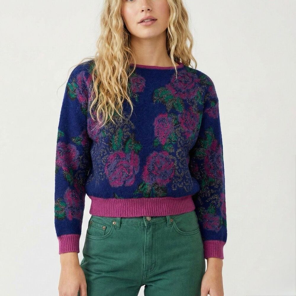 Vintage Emanuel Ungaro Parallèle Wool Blend Floral Sweater 9 Medium Pink Purple